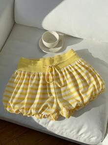 Comfortcana Women's Striped Fashionable Versatile Drawstring Waist Contrast Color Floral Shorts - Yellow - View 8