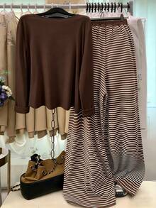 GlowEve CURVE Áo khoác cardigan dệt kim màu trơn cỡ lớn, cài nút phía trước, dây rút trang trí kẻ sọc ôm sát, kiểu dáng thanh lịch, thích hợp mặc hàng ngày đi làm. - màu nâu - Xem 2