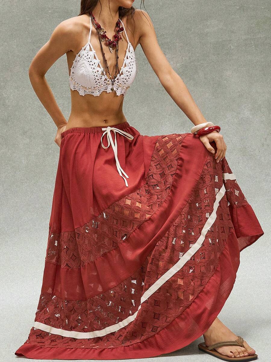 Bohemela Váy nữ dáng rộng, phối ren tương phản, kiểu dáng thường ngày. - Màu Đỏ Sâu - Xem 1
