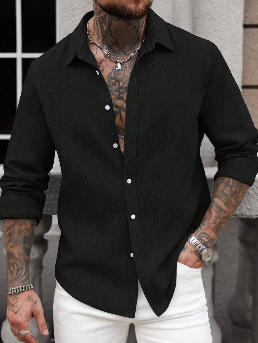 Manfinity CasualCool Camisa de lino de manga larga de un solo pecho de unicolor casual para hombres, camisa de vestir de punto con botones negra para ceremonia para hombres - Negro - Ver 1