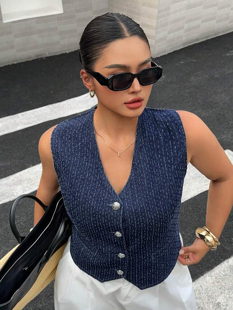 Dazy Plus Vintage Textured Denim V-Neck Cardigan, Cropped Denim Top, Plus Size Women, Spring/Summer