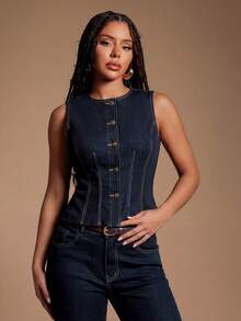 Radiana Blusa vaquera de mujer con cuello redondo, sin mangas, ajustada y con botones delanteros, una prenda de vestir elegante y casual para verano, carnaval, viajes, graduación, fiesta, boda y negocios - Azul - Ver 8