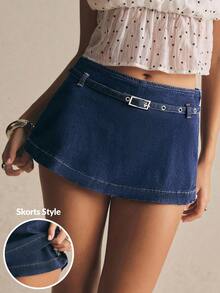Poéselle Quần short denim nữ kiểu dáng thường ngày có thắt lưng, thích hợp cho mùa hè. - Màu xanh lam - Xem 1