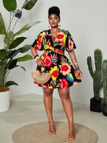 Maweii Plus Size Floral Print Tie-Waist Backless Dress, Casual Holiday Beach Vacation Black Summer - Multicolor - View 5
