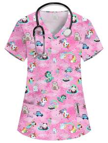 SHEIN Women's Pink Anime Cute Cartoon Pattern Scrub Top,V-Neck Short Sleeve Double Pocket Nurse Uniform,Veterinary Grooming Work Outfit,Functional Workwear - Pink - View 1