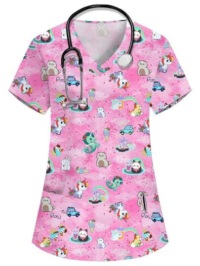 SHEIN Áo đồng phục y tế nữ màu hồng cổ chữ V tay ngắn hai túi họa tiết hoạt hình dễ thương, in hình động vật đáng yêu, đồng phục y tá/bác sĩ, trang phục chăm sóc thú y, áo khoác phòng thí nghiệm dinh dưỡng, trang phục làm việc nhiều túi tiện dụng, trang phục ngày lễ dễ thương.