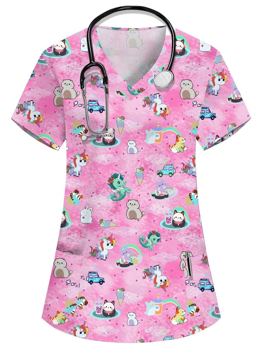SHEIN Women's Pink Anime Cute Cartoon Pattern Scrub Top,V-Neck Short Sleeve Double Pocket Nurse Uniform,Veterinary Grooming Work Outfit,Functional Workwear - Pink - View 1