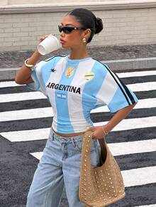 Muchica Áo thun dệt kim in họa tiết, kiểu dáng sinh viên dành cho nữ. - Xanh và trắng - Xem 4