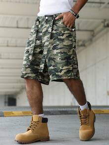 Manfinity EMRG Men's Casual Patchwork Waist Belt Camo Denim Shorts Vacation Army Green Summer - Multicolor - View 7