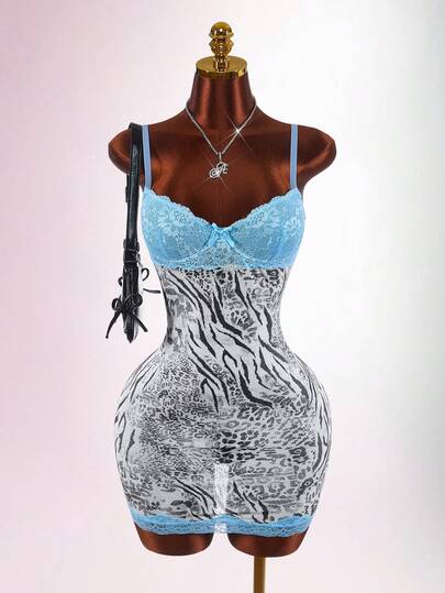 Amplova Lace Cup Detail Leopard Print Mesh Bodycon Mini Dress
