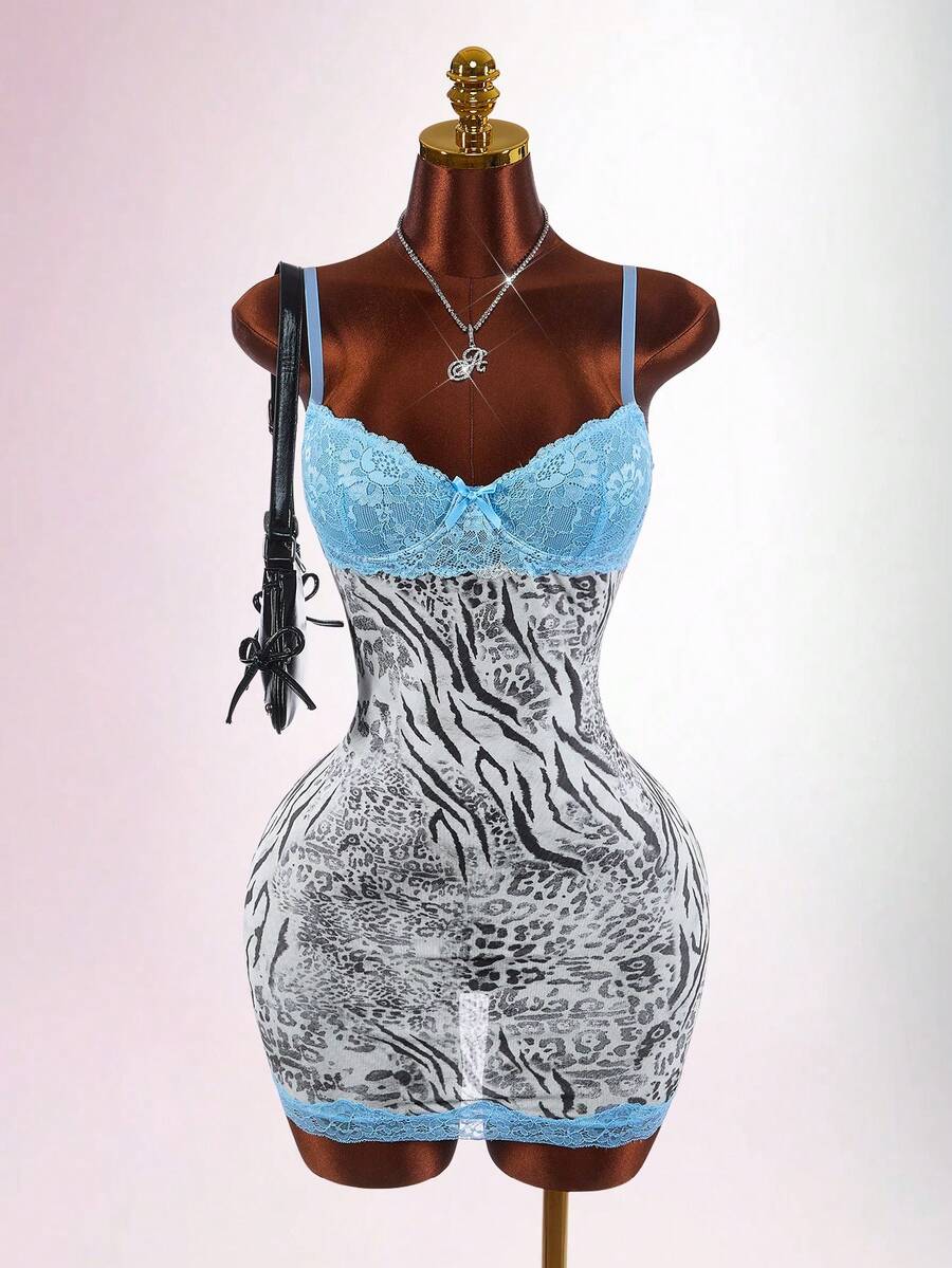 Amplova Lace Cup Detail Leopard Print Mesh Bodycon Mini Dress,Dresses For Women Summer