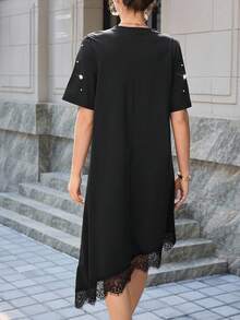 Lacomfia Women's Black Summer Elegant Tea Party Dress,Boat Neck Bubble Bead & Lace Trim Knit Mid-Length Casual Dress,Pearl Pin New Arrival Goth Style Dress - Black - View 3