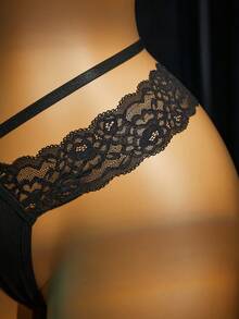 SpicyHot Tanga G-String sexy de encaje con patchwork y diseño calado, lencería sexy para mujer, adulta, luna de miel, caliente, noche de cita, lencería, mono, conjunto sexy de encaje - Negro - Ver 9