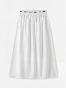 lacRébo Chân váy midi cotton trắng với chi tiết thắt eo kẻ caro tương phản và viền thêu nhỏ, phong cách boho mùa hè kiểu Pháp, chân váy thường ngày thoải mái cho kỳ nghỉ hè, chân váy đi nghỉ mát, chân váy cotton kiểu cổ điển. - trắng - Xem 7