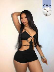 Bumpella 女士性感露背吊带连体紧身衣 - 黑色 - 查看 13