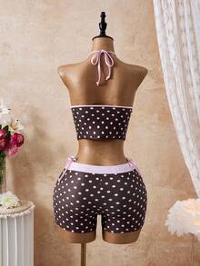 Swim Mod 3 قطع مجموعة ملابس علوية خزامى مطبوعة بنقاط وشورت شاطئ، مزينة بفيونكة، لطيفة وحلوة - متعدد الألوان - مشاهدة 5