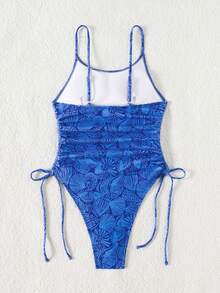 SHEIN Swim 女士夏季沙滩度假印花细肩带露背抽绳侧边修身连体泳衣 - 藍色 - 查看 5