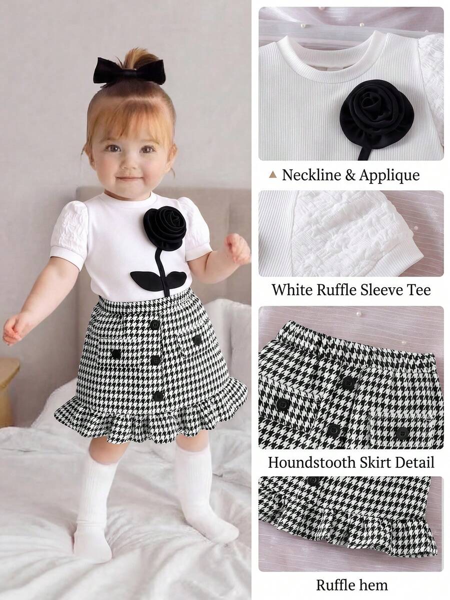 SHEIN Playful Pals 女童象牙色针织泡泡袖碎花上衣和千鸟格半裙两件套，优雅时尚夏季套装
