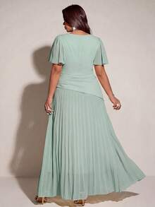 Viva Relle Plus Size Women's Sage Green Summer Elegant Wedding Guest Dress,Luxury Square Neck Short Ruffle Sleeve Rhinestone Pleated Long Formal Dress - Green - View 2