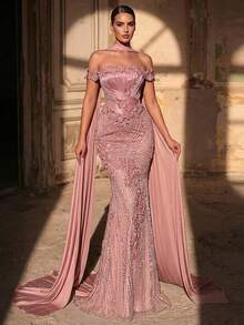 Glamrae Đầm dạ hội trễ vai dáng đuôi cá sang trọng, đính cườm và sequin hoa văn, chất liệu chiffon, phù hợp cho đám cưới, sự kiện, tiệc tùng, kỳ nghỉ, dạ hội (được trang trí cầu kỳ). - Bụi hồng - Xem 7