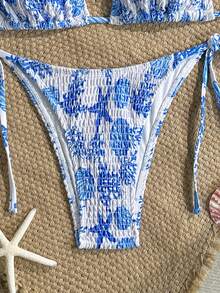 Swim Mod 女士泳装套装，蓝白海星印花，海滩度假泳池派对游轮休闲挂脖系带比基尼两件套泳衣 - 藍白色 - 查看 5