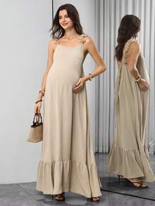 SHEIN Đầm hai dây viền bèo, đầm đi nghỉ mát màu mơ dáng rộng, đầm xếp ly thắt eo, đầm bầu thoải mái thường ngày, đầm mang không khí nghỉ dưỡng. - Màu be - Xem 5