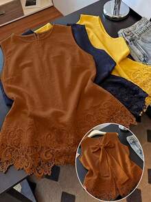 Franclia 大码女式夏季休闲度假纯色编织圆领无袖拼接荷叶边蝴蝶结系带背心 - 駝色 - 查看 1