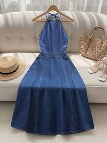 SHEIN Holidaya Đầm denim cổ yếm hở lưng dành cho nữ - Màu xanh lam - Xem 3