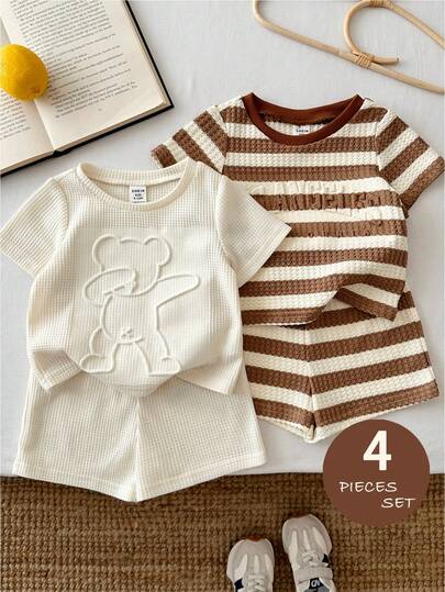LMoss Kids 4pcs Baby Boy Knitted Solid Striped T-Shirt And Shorts Set
