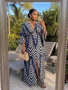 SHEIN CURVE+ 大码女式条纹撞色开衩下摆七分袖性感连衣裙 - 彩色 - 查看 4