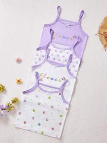1 Set 4-Piece Sweet Flower Young Girl Casual Vest Set,Fresh Floral & Letter Print White Summer Bridal Wedding,Lightweight Smooth Slim Spaghetti Strap - Multicolor - View 5