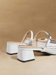 Rosivie Minimalist Modern Woven Mules, Square Toe Chunky Heel Mary Jane Slip-On, Niche Design Woven Mary Jane Slides, Square Toe Chunky Heel Single Strap Mules Summer Shoes - White - View 4