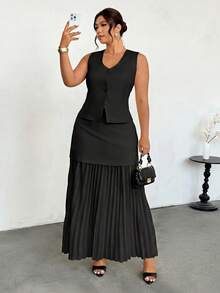 Firerie Plus Size Elegant Commuter Solid Color Vest & Pleated Skirt Suit - Black - View 4