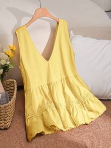 CosyJoli Plus Size Women Lace Trim Blouse - Yellow - View 2