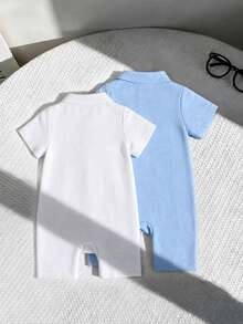 SHEIN Playful Pals 2件組男嬰波羅領短袖襯衫配刺繡動物圖案與短褲套裝，藍白條紋，夏季休閒家庭穿搭度假款 - 彩色 - 查看 3