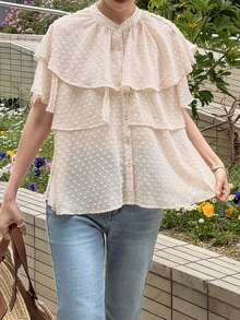 FRIFUL Women's Polka Dot Short Sleeve Layered Ruffle Casual Versatile Blouse, Summer - Beige - View 4