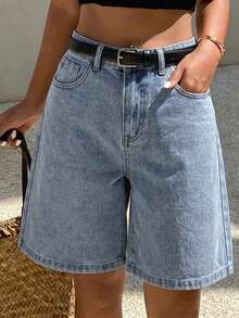 DAZY Women's Comfortable Casual Loose Fit Denim Bermuda Shorts, Summer - Blue - View 2