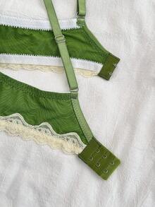 Napfluff 2pcs Lace Patchwork Bra Set - Green - View 5