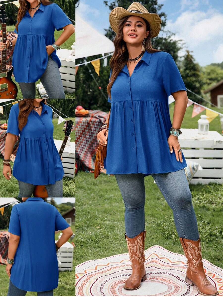 EMERY ROSE Short Sleeve Blue Button-Up Shirt, Casual Vacation Shirt With Longer Back, Plus Size, Suitable For Spring & Summer Summer Spring Clothing Country Sty - Royal Blue - View 1