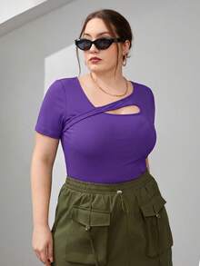 SHEIN Essnce 女士加大码黑色镂空修身时尚百搭短袖T恤，春夏款 - 紫色 - 查看 6