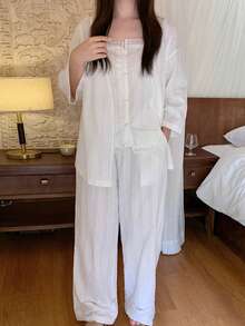 Dazy Plus 3件套度假风大码女式白色波点纹理面料睡衣套装，春夏款 - 白色 - 查看 8