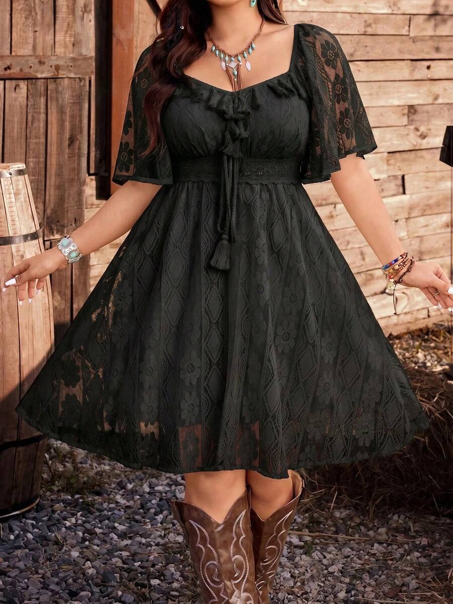 Ceyna Plus Size Women Lace Patchwork Ruffle Fashion Party Dress - Black - View 1