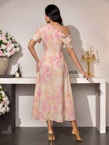 Modelyn 女款不對稱收腰休閒優雅洋裝，夏季婚禮粉色碎花 - 彩色 - 查看 2