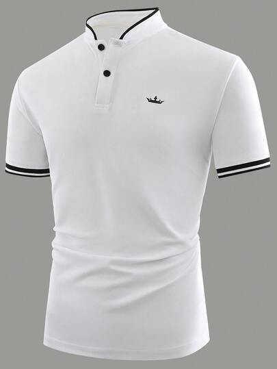 Manfinity Mode 男式皇冠印花撞色边半扣领拼色白色商务休闲 Polo 衫，爸爸和男朋友礼物，适合打高尔夫