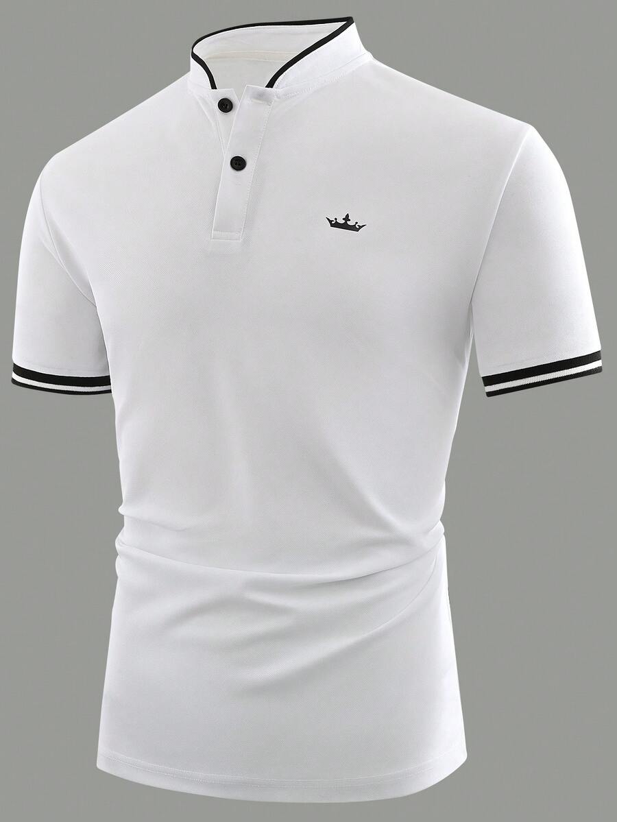 Manfinity Mode 男款皇冠印花對比飾邊半鈕扣領撞色白色商務休閒 Polo 衫，爸爸與男友禮物，適用於高爾夫、正式場合、典禮 - 白色 - 查看 1