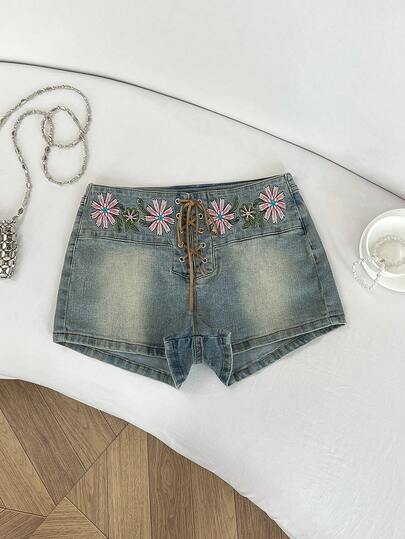 Elamini Pantalones cortos de mezclilla versátiles con cordón, lavados y bordados con flores