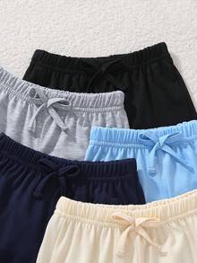 SHEIN Playful Pals 5件裝男嬰幼兒童裝休閒簡約基本款純色鬆緊腰軟綿透氣輕便短褲運動長褲套裝 - 彩色 - 查看 8