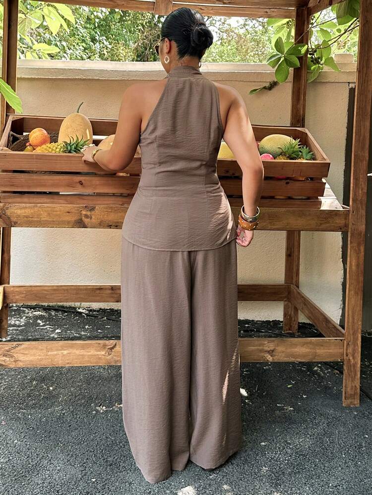 Dazy Plus 2pcs/Set Plus Size Women Spaghetti Strap Crop Top And Casual Loose Pants, Brown, Vacation/Commute Style, Spring/Summer