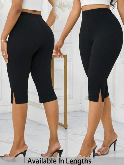 SHEIN PETITE CURVE Plus Size Women's Black Casual Basic Slim-Fit Split Hem Capri Pants, Suitable For Sports, Business Casual, Outings, And Also Ideal For Teachers To Wear, Perfect Choice For Ladies In Summer Gym