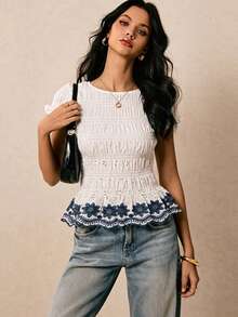 Poéselle Women's Casual Vacation Solid Color Schiffy Cap Sleeve Fitted Blouse, Summer,Summer Top - White - View 2
